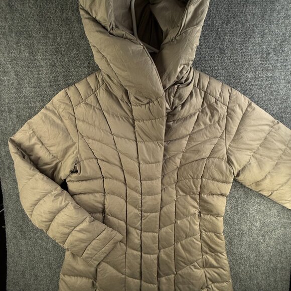 Patagonia Down Fill Puffer Jacket Coat Women Long Beige Hooded Medium Full Zip - Picture 1 of 16